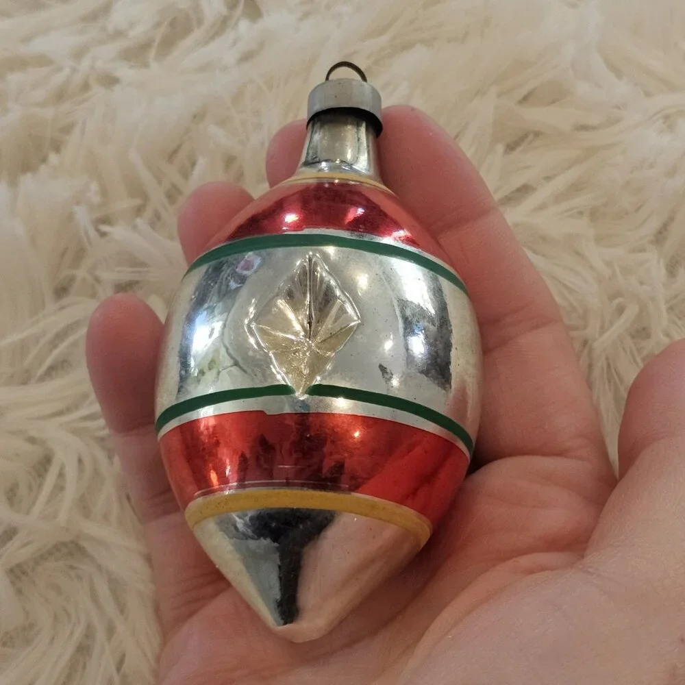 VTG MCM Christmas Ornament Teardrop‎ Reflector Mercury Glass Indent Silver